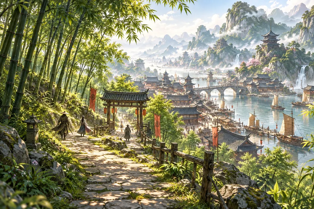 阳光下的竹林山路通向江湖古镇
